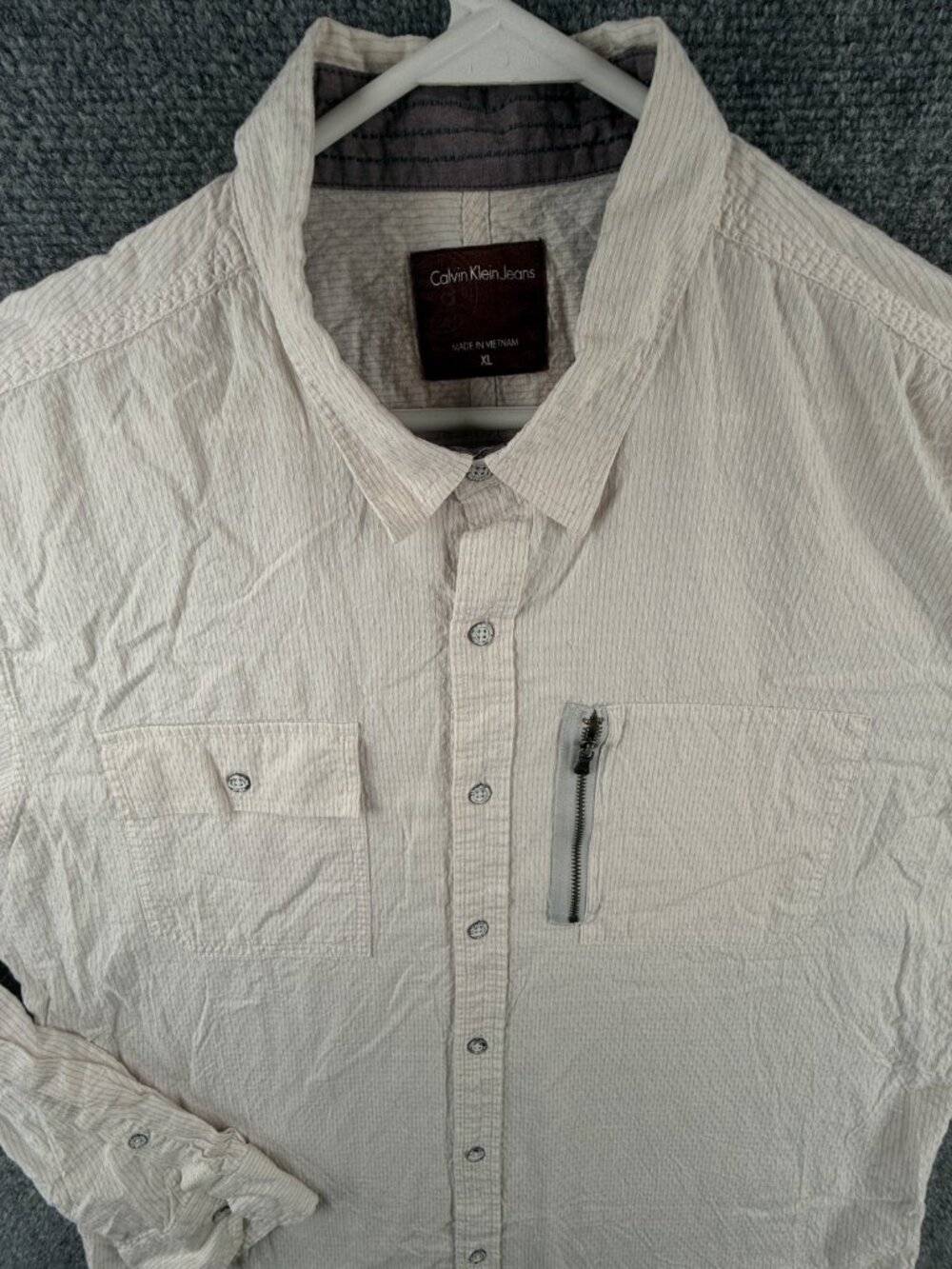 Calvin Klein Button Up Shirt Men Striped Long Sleeve XL Pink Zip Pocket Woven